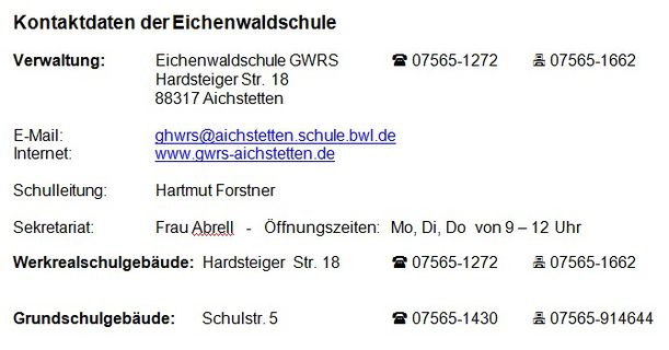 Kontaktdaten der Eichenwaldschule GWRS Aichstetten neu